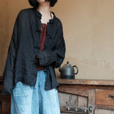 Black Ramie Shirt, Summer Ramie Shirt, Vintage Chinese Frog Button Shirt