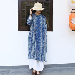 Vintage Chinese Standing Collar Loose Frog Button dress, Printed flower Cotton Linen dress 20250408