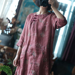 Pure Ramie Digital Printing Plate Button Skirt, Vintage Chinese Ramie Dress 240621