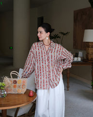 100% Linen Shirt, Loose Fashion Printed Shirt, Women's Summer Long Sleeve Shirt 20250314