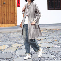 Vintage Striped Long Sleeve Cotton Linen Shirt, Loose Casual Oversize Cotton Linen Shirt 20250408