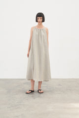 100% Linen Dress, Vintage Boat Neck Pleated Linen Dress, Summer Loose Casual Dress 20250313