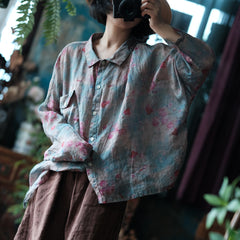 Vintage Digital Printed Pure Ramie Shirt,Summer Loose Printed Flower Shirt 240621
