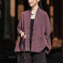 Vintage Chinese V-neck frog button long-sleeved cotton shirt, casual loose cotton linen kimono 20250328