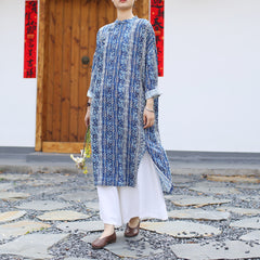 Vintage Chinese Standing Collar Loose Frog Button dress, Printed flower Cotton Linen dress 20250408