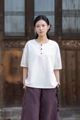 Round-Neck Chinese-Style Blouse: New Summer Style, Retro-Chic, Stitched Color-Blocking, Button-Front Short-Sleeve T-Shirt 20260511