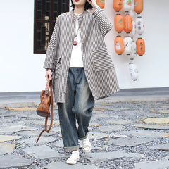 Vintage Striped Long Sleeve Cotton Linen Shirt, Loose Casual Oversize Cotton Linen Shirt 20250408