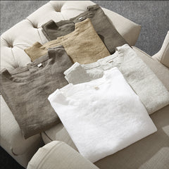 100% Linen Short Sleeve Shirt, Vintage Boat Neck Pleated Linen Top, Summer Loose Casual t-shirt 20250313