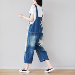Patchwork print floral stonewashed cotton overalls, women's denim washed overalls