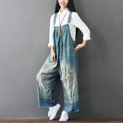 Embroidered floral cotton overalls, women's denim overalls, stonewashed loose overalls