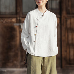 Chinese Frog Button Cotton Linen Shirt, Vintage Loose Long Sleeve Jacket 20250328