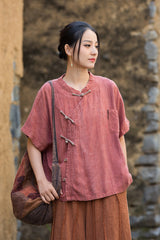 Women's Summer Chinese Short Sleeve Shirt, Vintage Cotton Linen Casual Frog Button Shirt 20250604