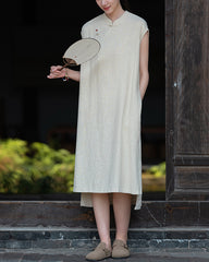 Cotton Linen Long sleeveless Shirt, Summer New Chinese Standing Collar Frog Button Dress 20240728