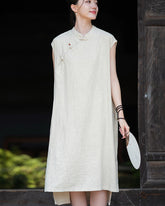 Cotton Linen Long sleeveless Shirt, Summer New Chinese Standing Collar Frog Button Dress 20240728