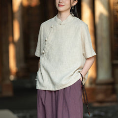 Cotton linen short-sleeved frog button shirt, summer vintage Chinese cotton shirt 20250328