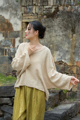 Vintage Summer Chinese Boat Collar Long Sleeve Shirt, Cotton Linen Washed Frog Long T-Shirt 20250604