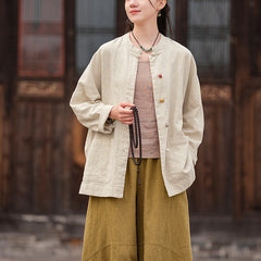 Chinese Frog Button Cotton Linen Shirt, Vintage Loose Long Sleeve Jacket 20250328