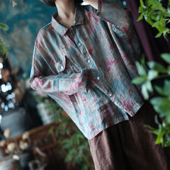 Vintage Digital Printed Pure Ramie Shirt,Summer Loose Printed Flower Shirt 240621