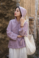 Ladies Summer Chinese Loose Frog Button Hoodie, Vintage Cotton and Linen Casual Shirt 20250604