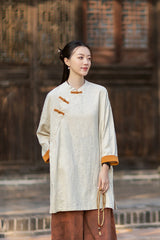 2026 Spring New Arrival: Retro Cotton-Linen Chinese-Style Stand-Collar, Color-Blocked, Button-Fastened, Wrap-Front Blouse for Women – Zen Tea Attire