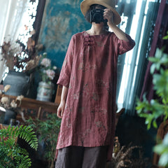 Pure Ramie Digital Printing Plate Button Skirt, Vintage Chinese Ramie Dress 240621