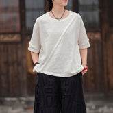 Summer boat neck cotton linen shirt, vintage casual loose T-shirt 20250328