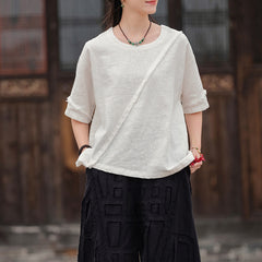 Summer boat neck cotton linen shirt, vintage casual loose T-shirt 20250328
