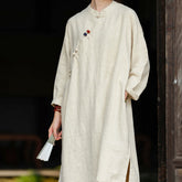 Women's Vintage Chinese Frog Button Long Sleeve Cotton and Linen Long Shirt, Standing Collar Loose Cotton and Linen Jacket 20240920
