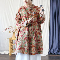 Vintage Chinese Standing Collar Loose Frog Button Shirt, Oversize Printed Cotton Linen Jacket 20250408