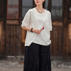 Summer boat neck cotton linen shirt, vintage casual loose T-shirt 20250328