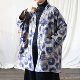 Vintage Blue Japanese kimono, Oversize Printed bamboo leaf Cotton Linen Jacket 20250408