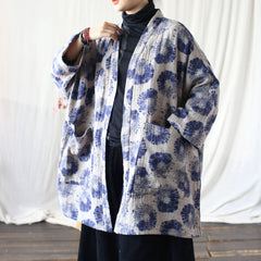 Vintage Blue Japanese kimono, Oversize Printed bamboo leaf Cotton Linen Jacket 20250408
