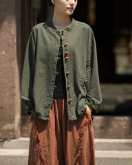 Summer cotton linen Chinese stand-up collar shirt, sandwashed frog button women's long-sleeved shirt 20240714