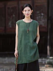 New Vintage-Style Ombré Distressed Versatile Lightweight Sleeveless Dress for Women: Round-Neck Linen Tank Dress 20260511