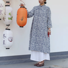 Summer Printed Cotton Linen Cheongsam, Vintage Chinese flower Printed Dresses 20250408