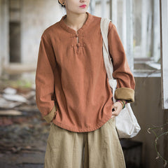 2024 Winter Cotton Linen Padded Bottom Shirt, Plate Button Retro Literary Women's Tops 20241113