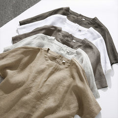 100% Linen Short Sleeve Shirt, Vintage Boat Neck Pleated Linen Top, Summer Loose Casual t-shirt 20250313