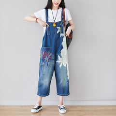 Patchwork print floral stonewashed cotton overalls, women's denim washed overalls