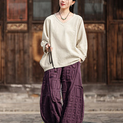 Long-sleeved V-neck cotton shirt, summer casual loose cotton shirt 20250328