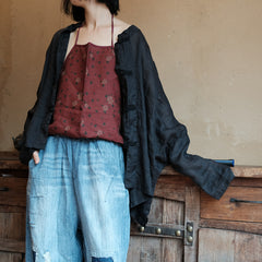 Black Ramie Shirt, Summer Ramie Shirt, Vintage Chinese Frog Button Shirt