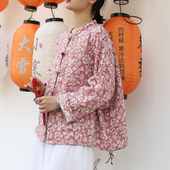 Vintage Chinese Standing Collar Loose Frog Button Shirt, Printed flower Cotton Linen Jacket 20250408