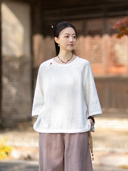 2026 Spring New Arrival: Retro-Chic Cotton-Linen Women's Round-Neck Color-Blocked Button-Down Blouse, Pullover T-Shirt