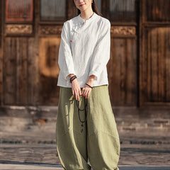 Chinese Frog Button Cotton Linen Shirt, Vintage Loose Long Sleeve Jacket 20250328