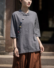 Summer Chinese Tops, Ramie Lapel Vintage Summer Tea Clothes Short Sleeve Shirt,Frog Button Round Collar Shirt