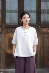 Round-Neck Chinese-Style Blouse: New Summer Style, Retro-Chic, Stitched Color-Blocking, Button-Front Short-Sleeve T-Shirt 20260511