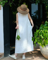 100% Linen Dress, Loose White Linen Dress, Women's Summer Dress 20250314