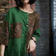 Green patchwork printed linen shirt, summer linen shirt, vintage Chinese loose chambray casual shirt