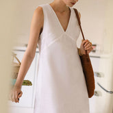100% Linen Dress, Summer Sleeveless V-Neck Dress 20250313
