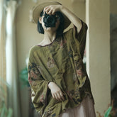 Vintage Literary Digital Printed Cotton Round Neck Raw Edge T-Shirt Top, vintage shirts 240621