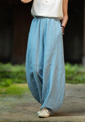 Women's Stone Washed Linen Pants, Loose Casual Elastic Waist Fried Color Linen Pants Tapered Harlem Pants 20240728